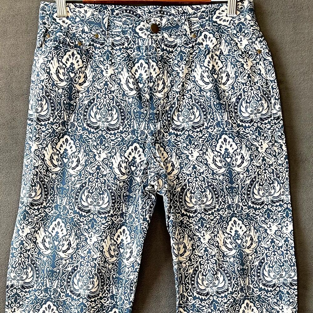 Ralph Lauren Paisley Cotton Stretch Pants Women's 8 Blue White Cropped